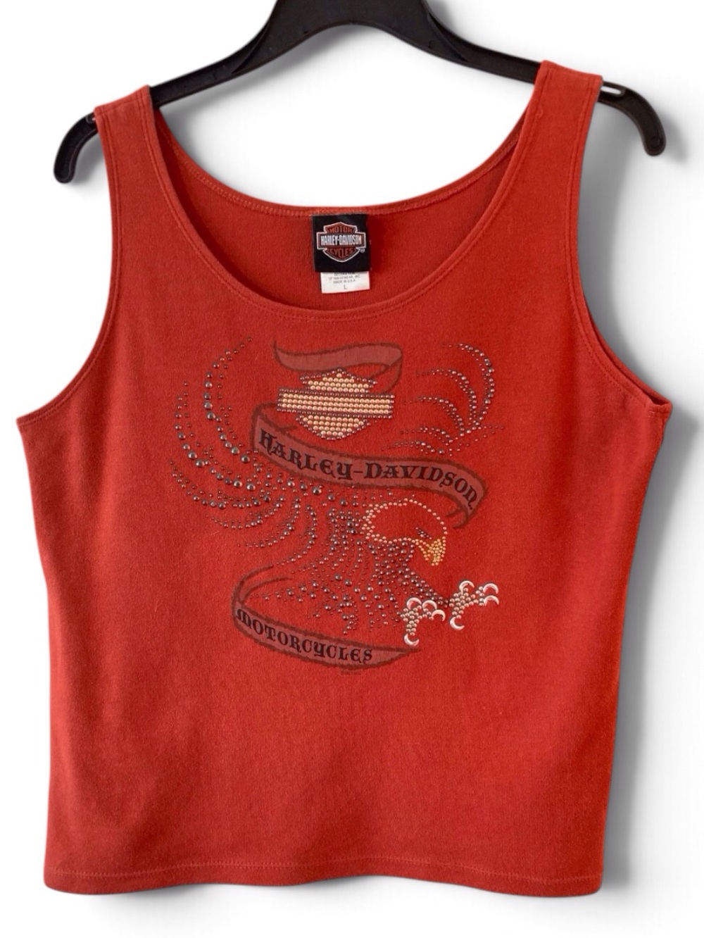 Harley-Davidson Rhinestone Eagle Tank Top Orange Women’s L Made in USA